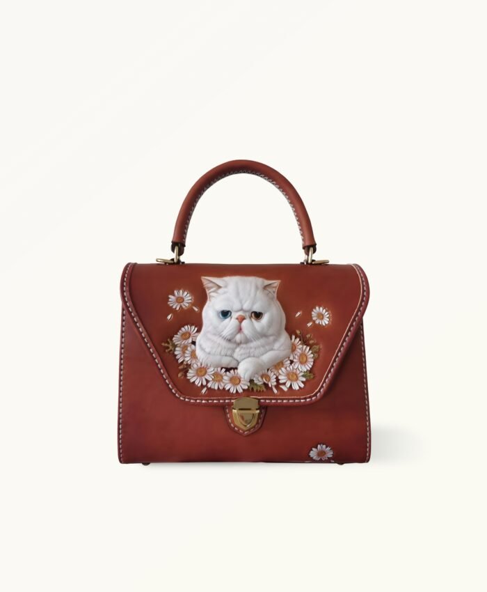 Handcrafted leather bag featuring custom pet artwork