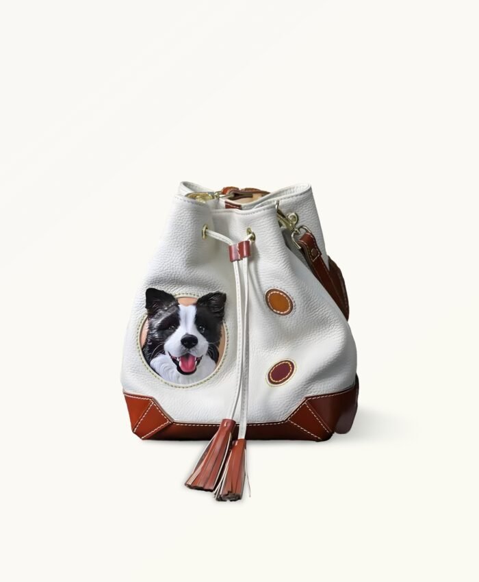 Custom leather bucket bag with pet portrait